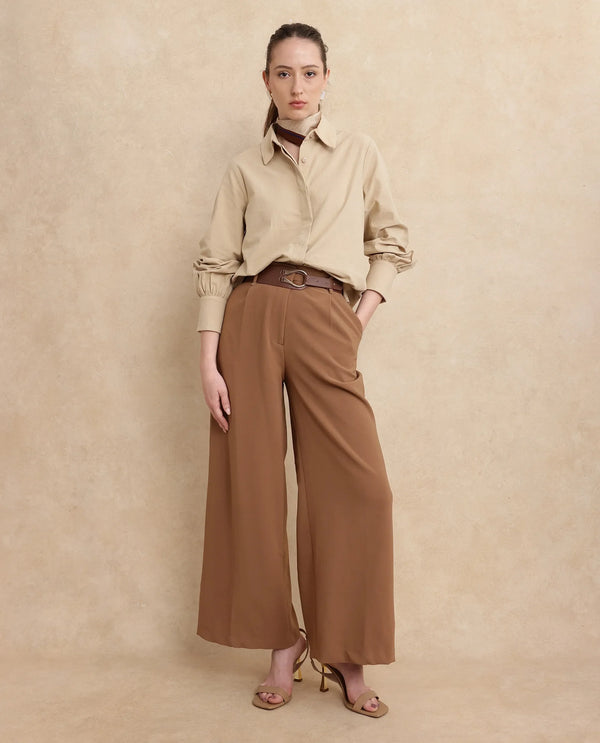 Rareism Women Severo Beige Cotton Fabric Cuffed Sleeve Collared Neck Button Closure Plain Shirt