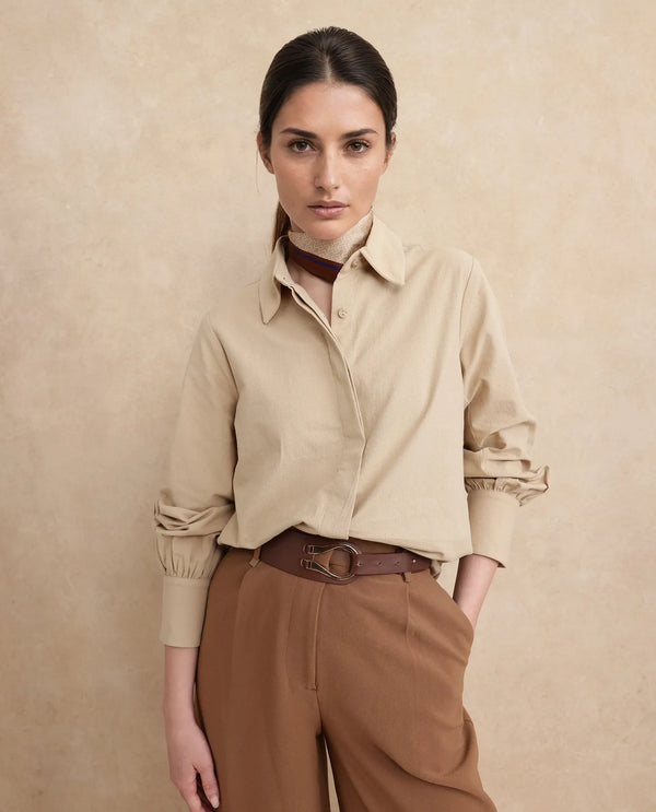Rareism Women Severo Beige Cotton Fabric Cuffed Sleeve Collared Neck Button Closure Plain Shirt