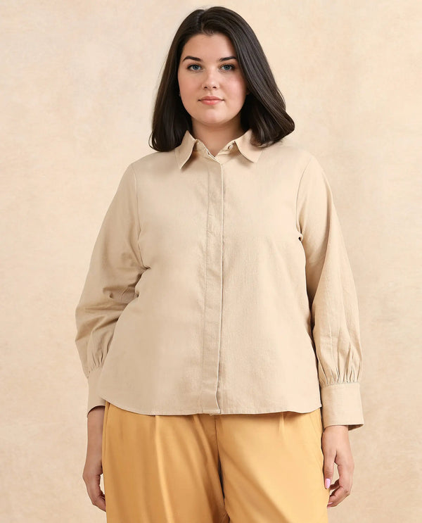 Rareism Women Severo Beige Cotton Fabric Cuffed Sleeve Collared Neck Button Closure Plain Shirt