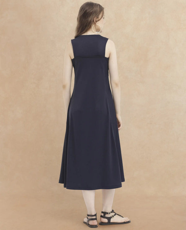Rareism Women Shoko Dark Blue Polyester Fabric Zip Closure Round Neck Sleeveless Regular Fit Plain Midi A-Line Dress