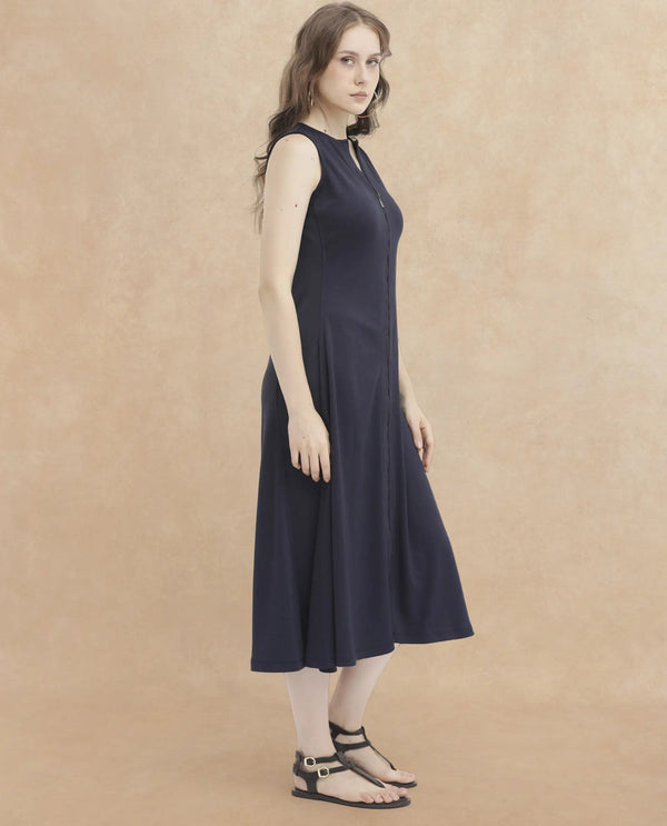 Rareism Women Shoko Dark Blue Polyester Fabric Zip Closure Round Neck Sleeveless Regular Fit Plain Midi A-Line Dress