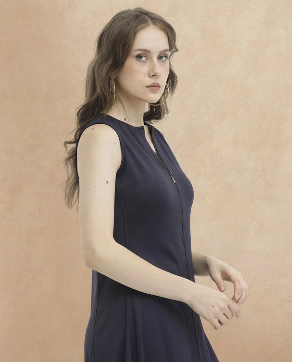 Rareism Women Shoko Dark Blue Polyester Fabric Zip Closure Round Neck Sleeveless Regular Fit Plain Midi A-Line Dress