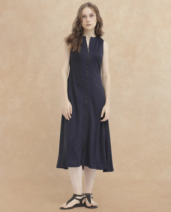 Rareism Women Shoko Dark Blue Polyester Fabric Zip Closure Round Neck Sleeveless Regular Fit Plain Midi A-Line Dress