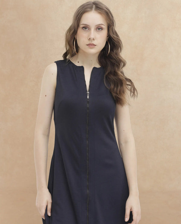 Rareism Women Shoko Dark Blue Polyester Fabric Zip Closure Round Neck Sleeveless Regular Fit Plain Midi A-Line Dress
