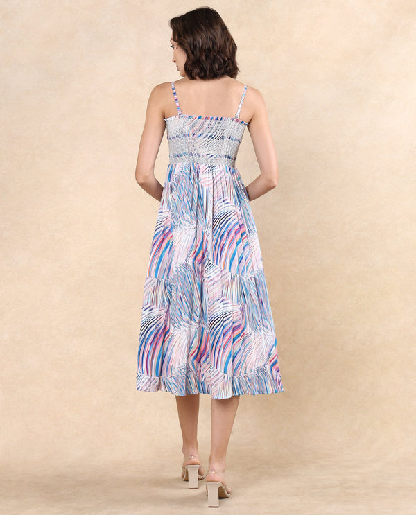 Rareism Women Shanks Multi Polyester Fabric Sleeveless Tube Neck Fit And Flare Midi Abstract Print Dress