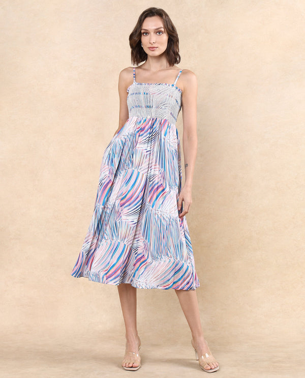 Rareism Women Shanks Multi Polyester Fabric Sleeveless Tube Neck Fit And Flare Midi Abstract Print Dress