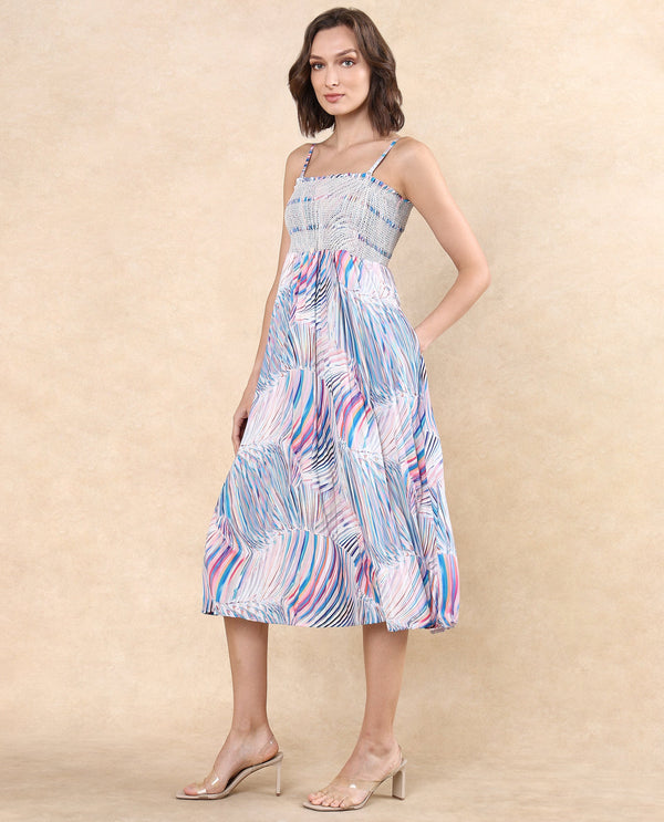 Rareism Women Shanks Multi Polyester Fabric Sleeveless Tube Neck Fit And Flare Midi Abstract Print Dress
