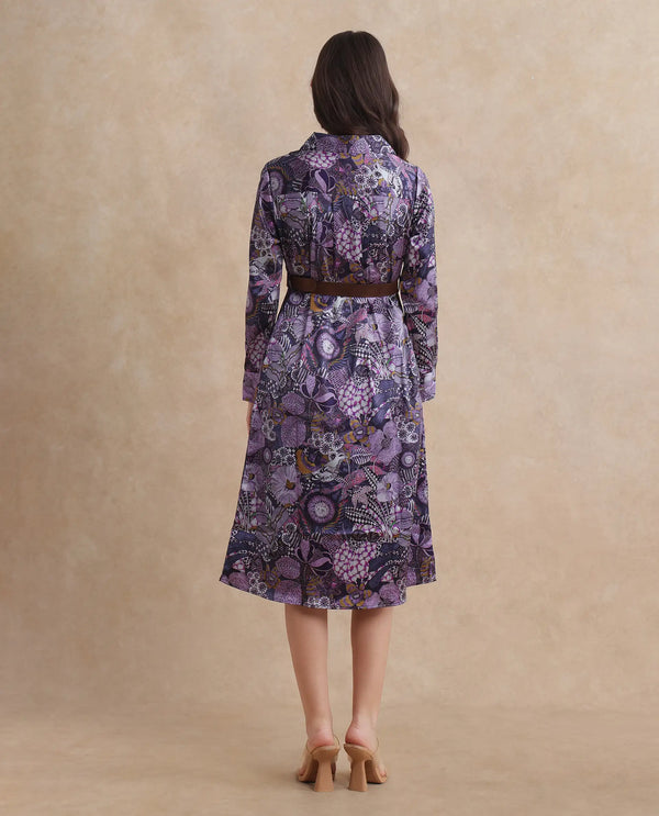 Rareism Women Shapat Multi Satin 3/4Th Sleeve High Neck Button Closure A-Line Midi Abstract Print Dress