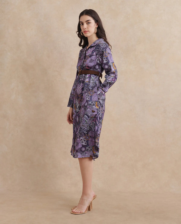 Rareism Women Shapat Multi Satin 3/4Th Sleeve High Neck Button Closure A-Line Midi Abstract Print Dress