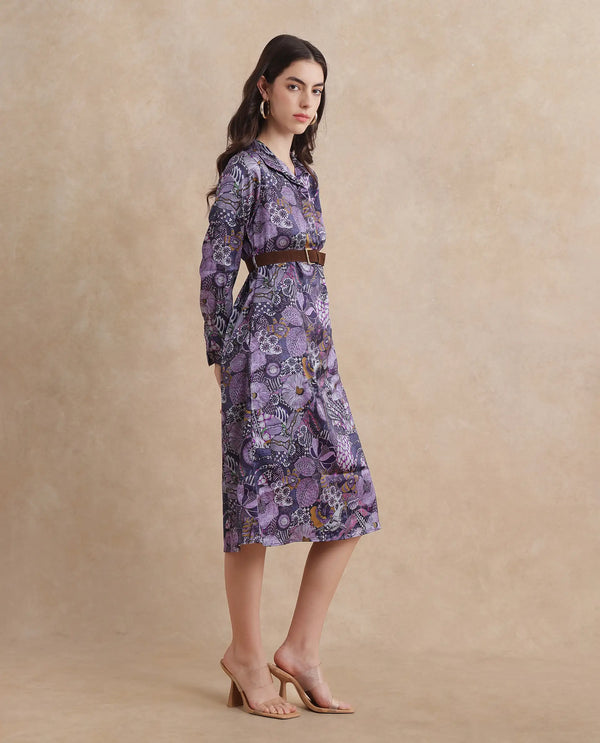 Rareism Women Shapat Multi Satin 3/4Th Sleeve High Neck Button Closure A-Line Midi Abstract Print Dress