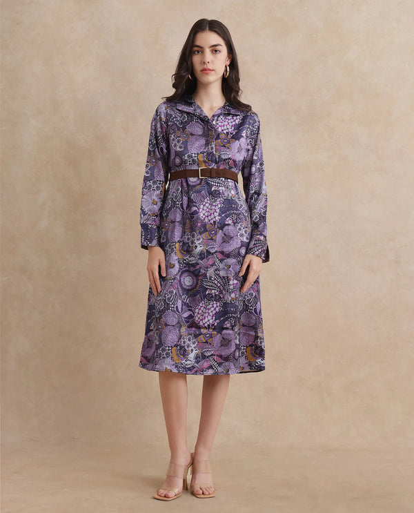 Rareism Women Shapat Multi Satin 3/4Th Sleeve High Neck Button Closure A-Line Midi Abstract Print Dress