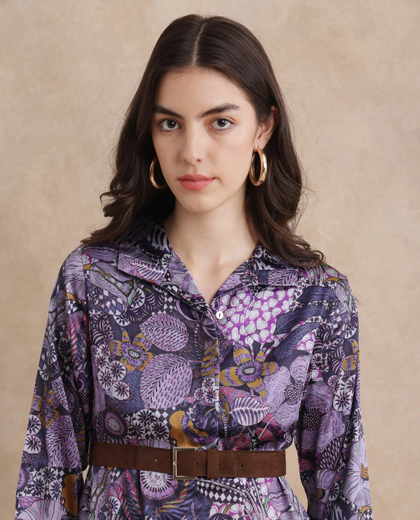 Rareism Women Shapat Multi Satin 3/4Th Sleeve High Neck Button Closure A-Line Midi Abstract Print Dress