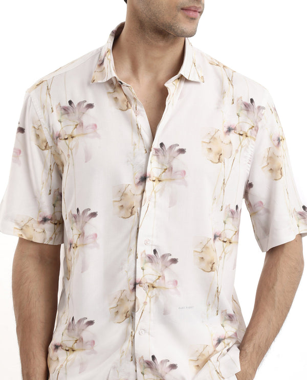 Rare Rabbit Men's Shaula Beige Viscose Fabric Short Sleeve Boxy Fit Floral Print Shirt
