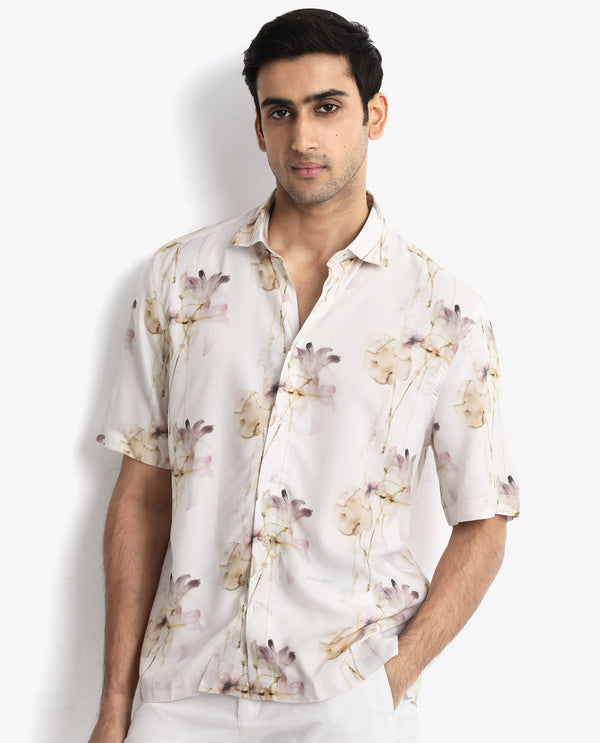 Rare Rabbit Men's Shaula Beige Viscose Fabric Short Sleeve Boxy Fit Floral Print Shirt