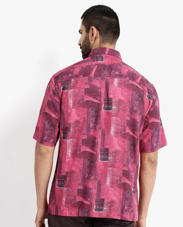 Rare Rabbit Men's Sheat Maroon Viscose Fabric Short Sleeve Regular Fit Abstract Print Shirt