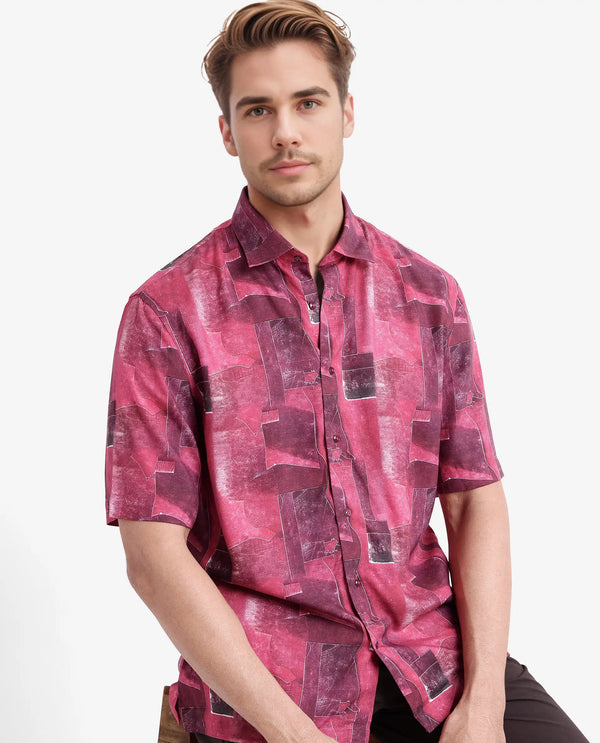 Rare Rabbit Men's Sheat Maroon Viscose Fabric Short Sleeve Regular Fit Abstract Print Shirt