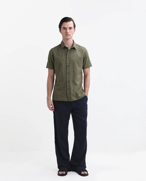Rare Rabbit Men's Shef Olive Cotton Fabric Short Sleeve Collared Neck Button Closure Embroidered Shirt