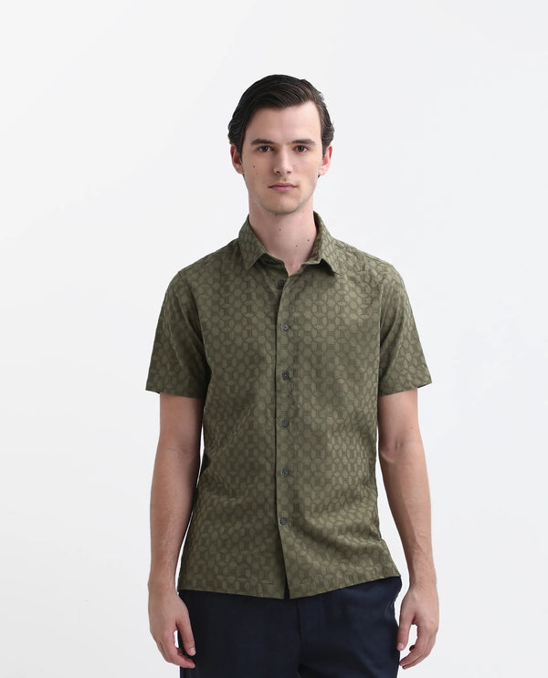 Rare Rabbit Men's Shef Olive Cotton Fabric Short Sleeve Collared Neck Button Closure Embroidered Shirt