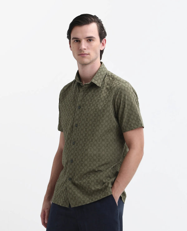 Rare Rabbit Men's Shef Olive Cotton Fabric Short Sleeve Collared Neck Button Closure Embroidered Shirt