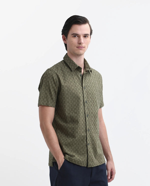 Rare Rabbit Men's Shef Olive Cotton Fabric Short Sleeve Collared Neck Button Closure Embroidered Shirt