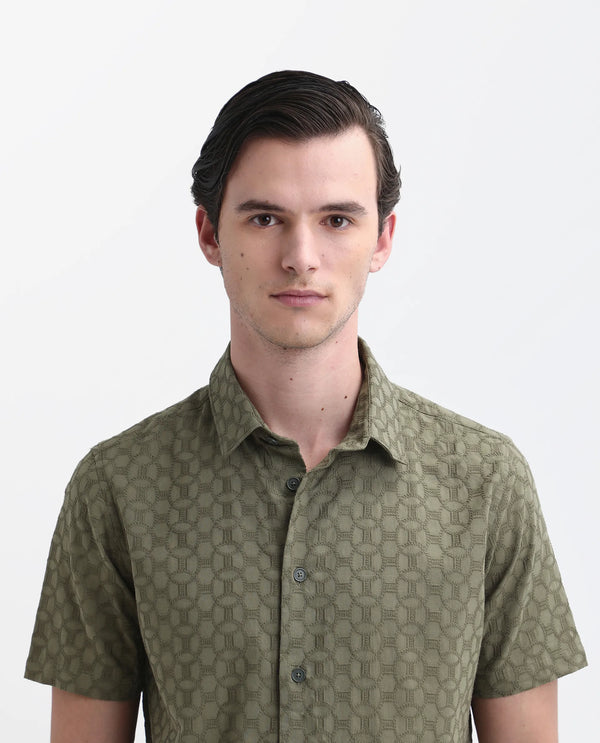Rare Rabbit Men's Shef Olive Cotton Fabric Short Sleeve Collared Neck Button Closure Embroidered Shirt