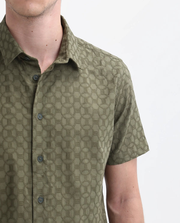 Rare Rabbit Men's Shef Olive Cotton Fabric Short Sleeve Collared Neck Button Closure Embroidered Shirt