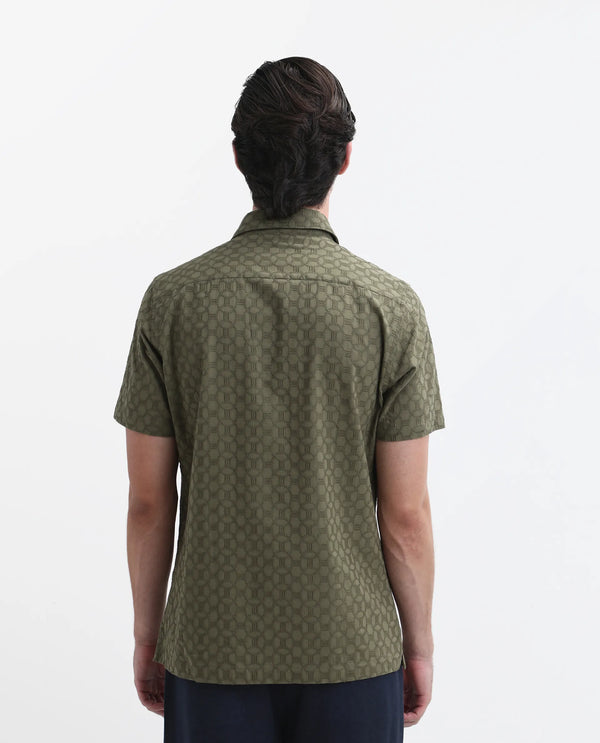Rare Rabbit Men's Shef Olive Cotton Fabric Short Sleeve Collared Neck Button Closure Embroidered Shirt