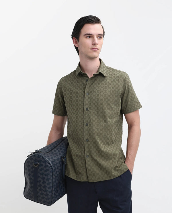 Rare Rabbit Men's Shef Olive Cotton Fabric Short Sleeve Collared Neck Button Closure Embroidered Shirt