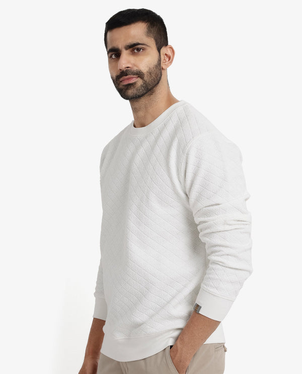 Rare Rabbit Men Sheild-2 Off White Cotton Polyester Lycra Fabric Full Sleeve Crew Neck Regular Fit Jacquard Quilted Textured Sweatshirt