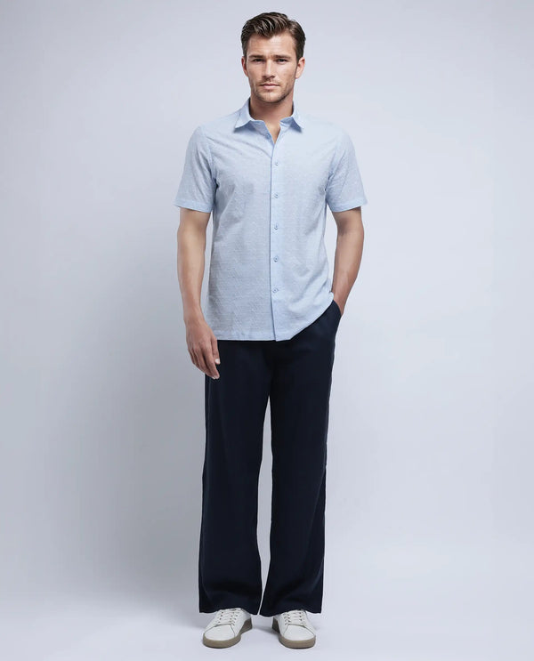 Rare Rabbit Men's Shek Blue Cotton Fabric Short Sleeve Collared Neck Button Closure Textured Shirt