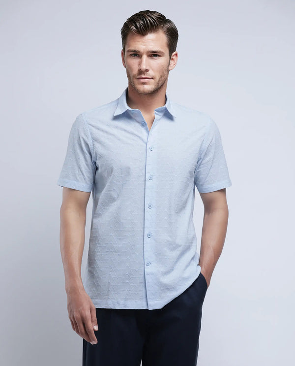 Rare Rabbit Men's Shek Blue Cotton Fabric Short Sleeve Collared Neck Button Closure Textured Shirt