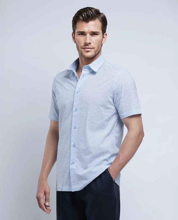 Rare Rabbit Men's Shek Blue Cotton Fabric Short Sleeve Collared Neck Button Closure Textured Shirt