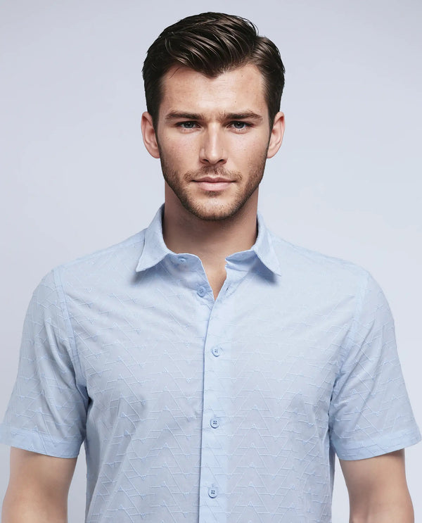 Rare Rabbit Men's Shek Blue Cotton Fabric Short Sleeve Collared Neck Button Closure Textured Shirt