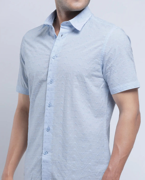Rare Rabbit Men's Shek Blue Cotton Fabric Short Sleeve Collared Neck Button Closure Textured Shirt