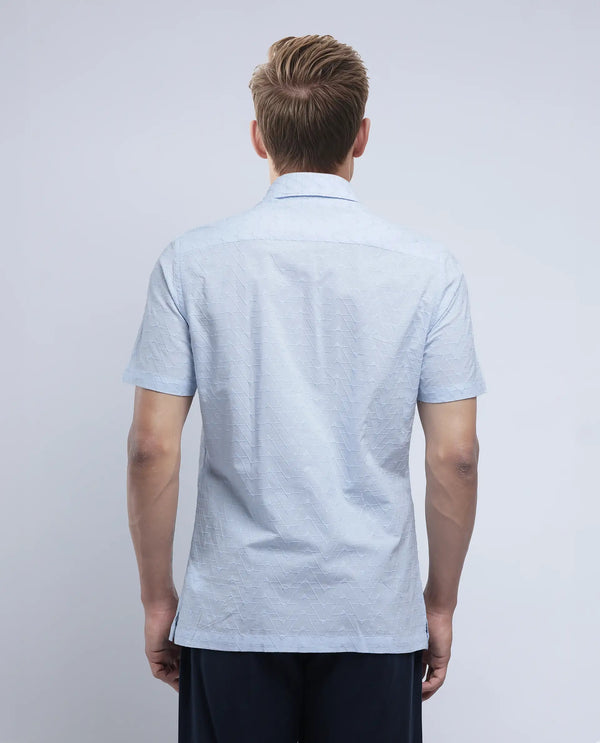 Rare Rabbit Men's Shek Blue Cotton Fabric Short Sleeve Collared Neck Button Closure Textured Shirt