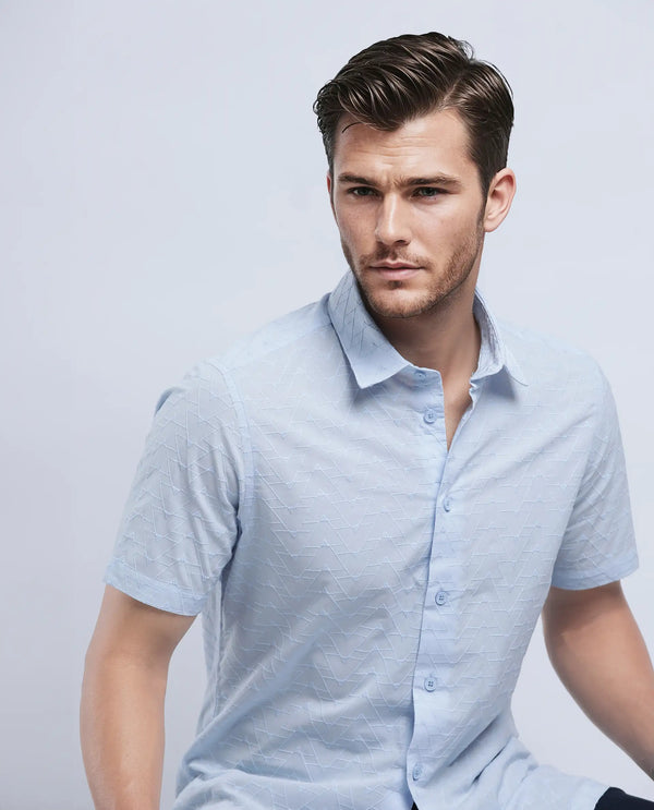 Rare Rabbit Men's Shek Blue Cotton Fabric Short Sleeve Collared Neck Button Closure Textured Shirt