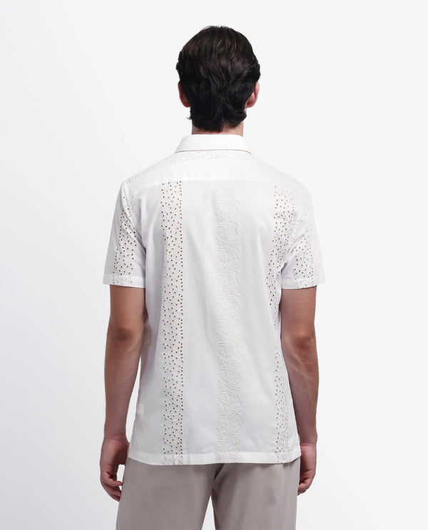 Rare Rabbit Men's Shel White Cotton Fabric Short Sleeve Collared Neck Button Closure Embroidered Shirt