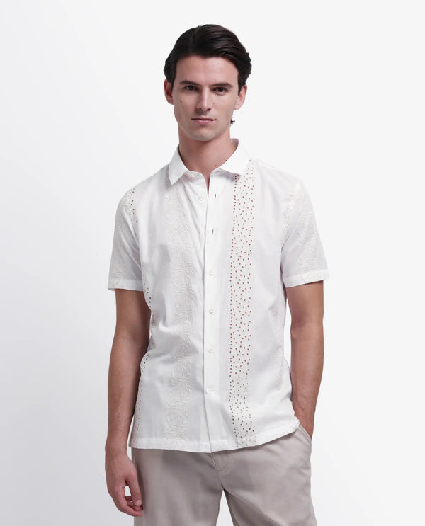 Rare Rabbit Men's Shel White Cotton Fabric Short Sleeve Collared Neck Button Closure Embroidered Shirt