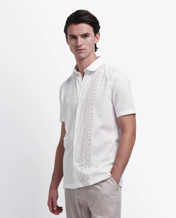 Rare Rabbit Men's Shel White Cotton Fabric Short Sleeve Collared Neck Button Closure Embroidered Shirt