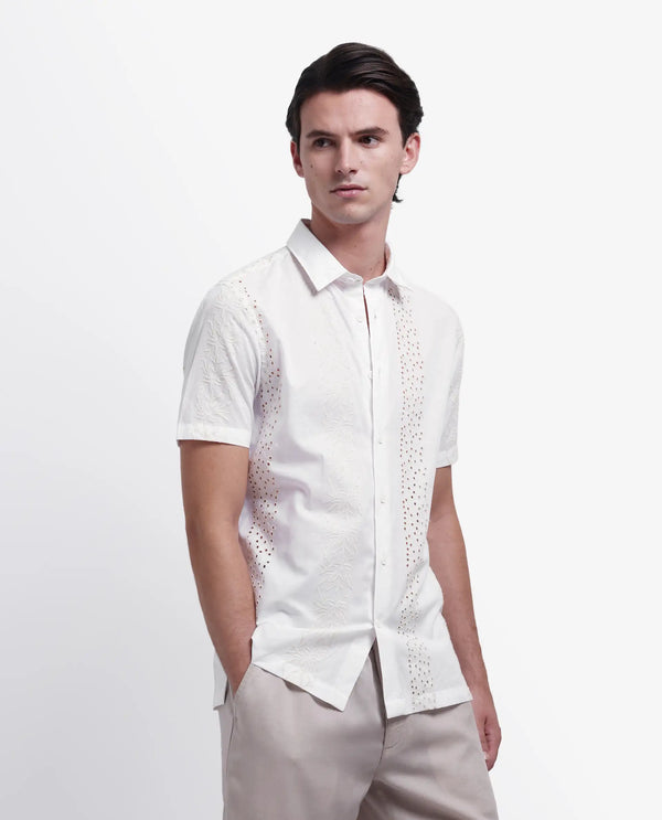 Rare Rabbit Men's Shel White Cotton Fabric Short Sleeve Collared Neck Button Closure Embroidered Shirt