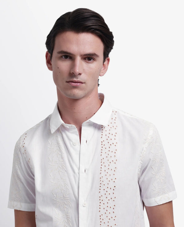 Rare Rabbit Men's Shel White Cotton Fabric Short Sleeve Collared Neck Button Closure Embroidered Shirt