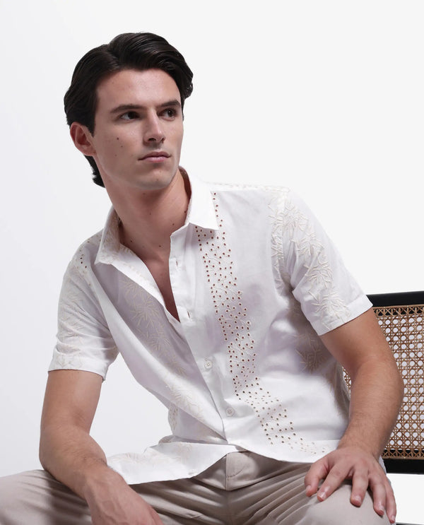 Rare Rabbit Men's Shel White Cotton Fabric Short Sleeve Collared Neck Button Closure Embroidered Shirt