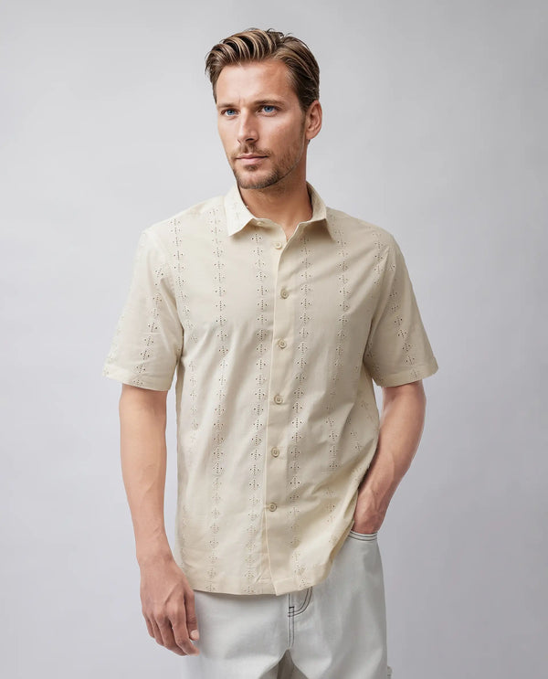 Rare Rabbit Men's Shen Beige Cotton Fabric Short Sleeve Collared Neck Button Closure Embroidered Shirt