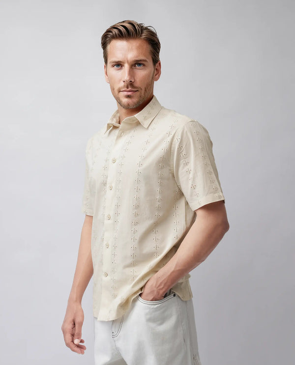 Rare Rabbit Men's Shen Beige Cotton Fabric Short Sleeve Collared Neck Button Closure Embroidered Shirt