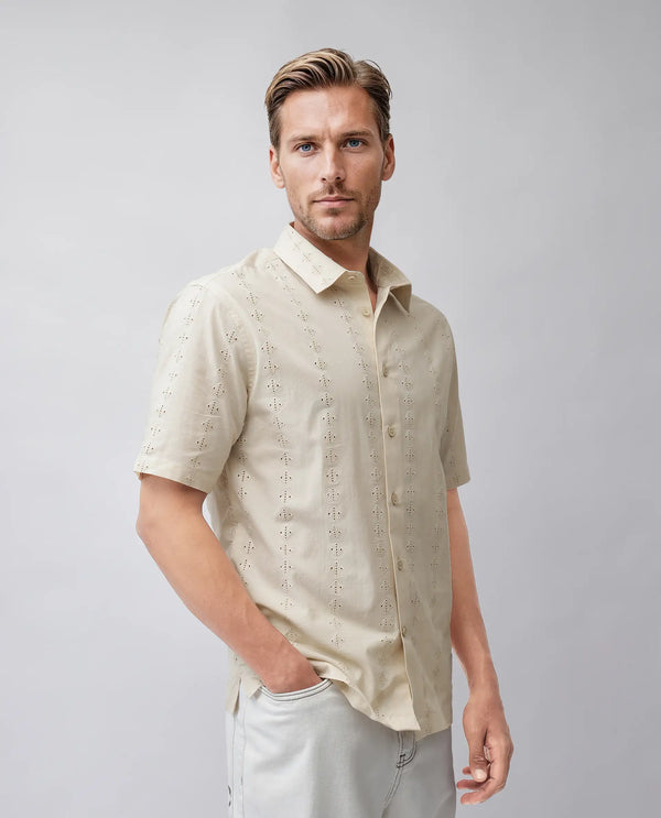 Rare Rabbit Men's Shen Beige Cotton Fabric Short Sleeve Collared Neck Button Closure Embroidered Shirt