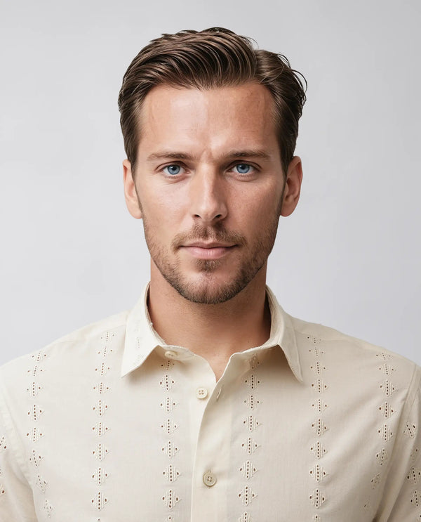 Rare Rabbit Men's Shen Beige Cotton Fabric Short Sleeve Collared Neck Button Closure Embroidered Shirt