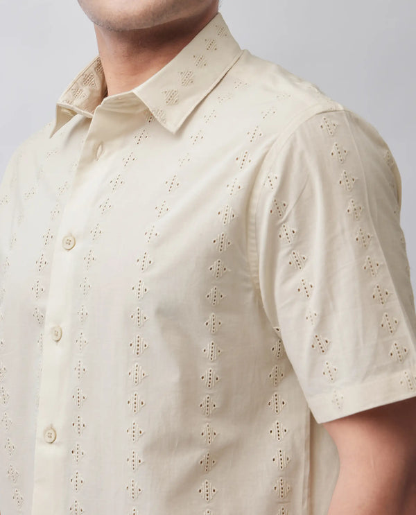Rare Rabbit Men's Shen Beige Cotton Fabric Short Sleeve Collared Neck Button Closure Embroidered Shirt