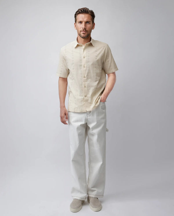 Rare Rabbit Men's Shen Beige Cotton Fabric Short Sleeve Collared Neck Button Closure Embroidered Shirt