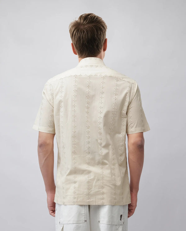 Rare Rabbit Men's Shen Beige Cotton Fabric Short Sleeve Collared Neck Button Closure Embroidered Shirt