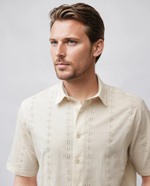 Rare Rabbit Men's Shen Beige Cotton Fabric Short Sleeve Collared Neck Button Closure Embroidered Shirt